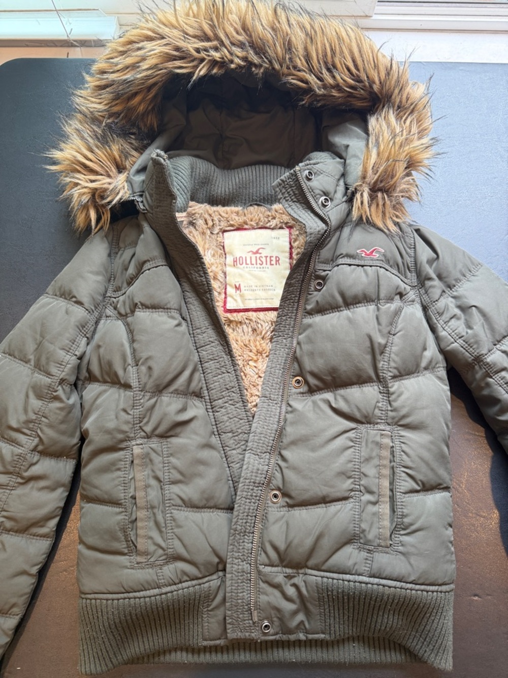 Hollister Olive Green Quilted Puffer with Faux Fur Trim